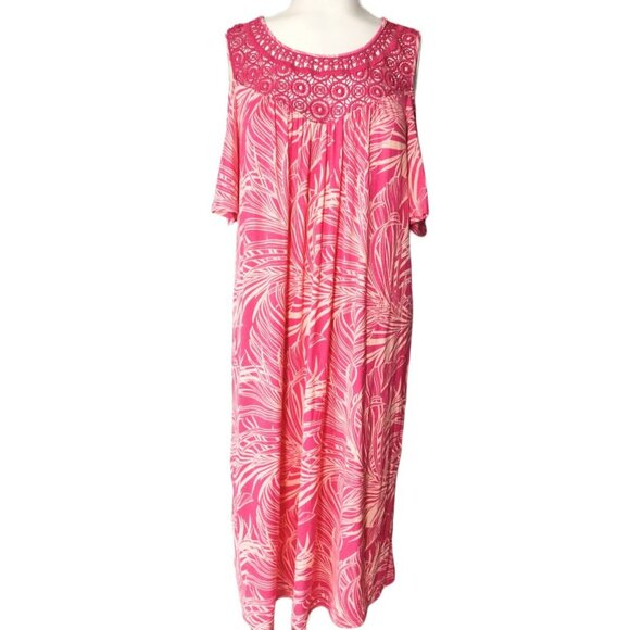 Greige Cold Shoulder Tropical Dress Size L Crotchet Lace Pink Beach Coastal NWT - Picture 1 of 7